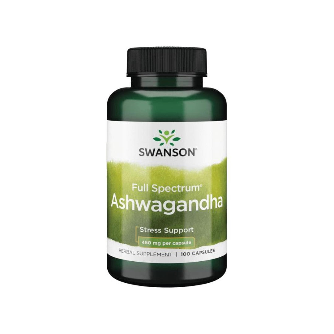 Un flacon du complément Ashwagandha - 450 mg 100 gélules de Swanson.