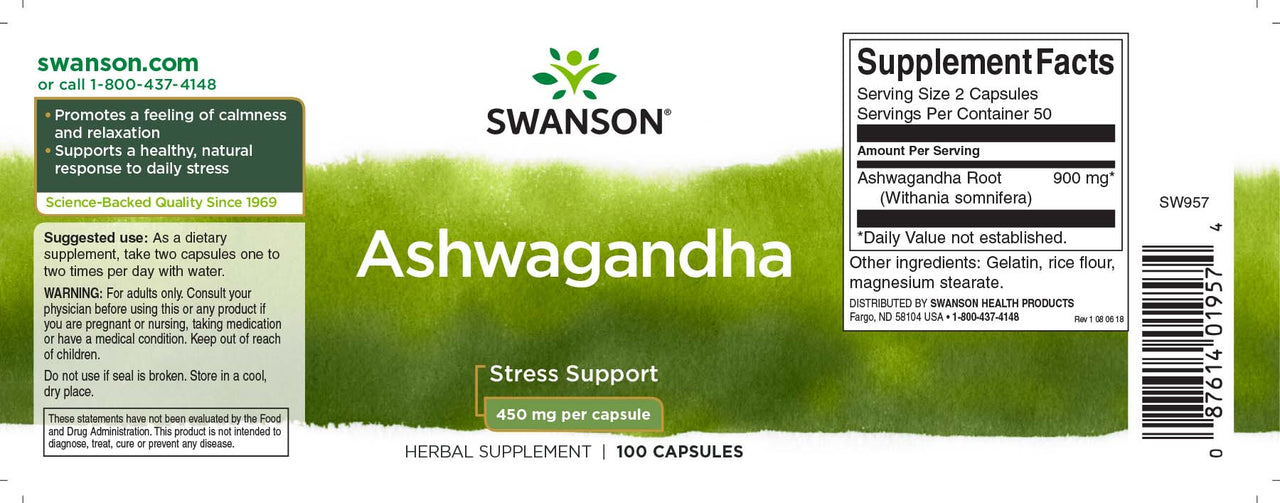 Une étiquette de Swanson Ashwagandha - 450 mg 100 gélules.