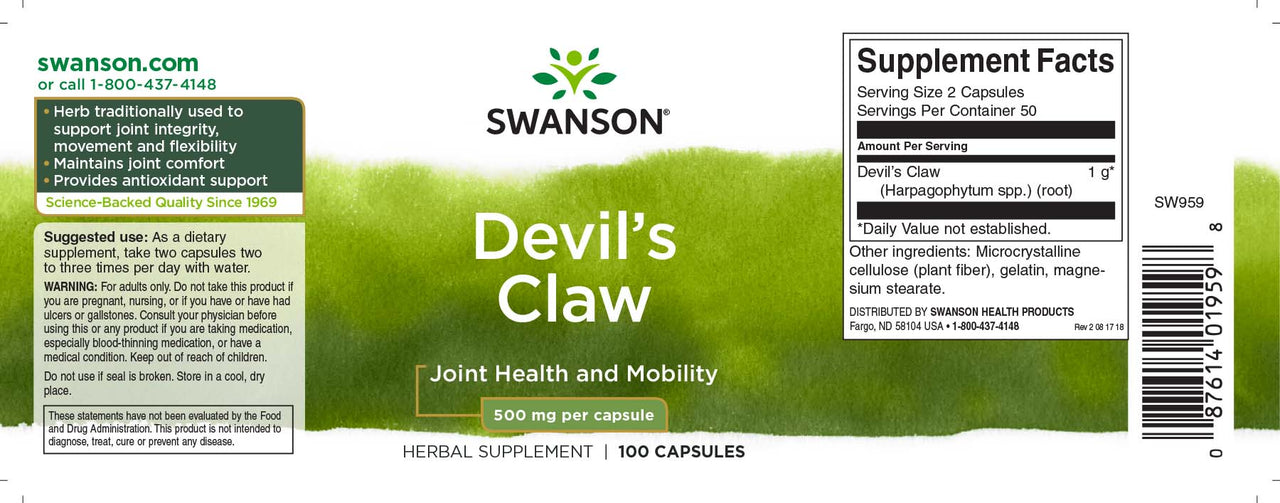 L'étiquette de Swanson's Devils Claw - 500 mg 100 gélules.
