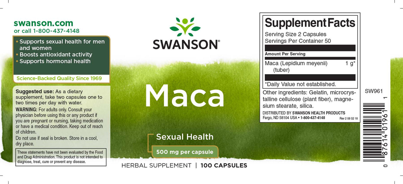 L'étiquette de Swanson Maca - 500 mg 100 gélules.