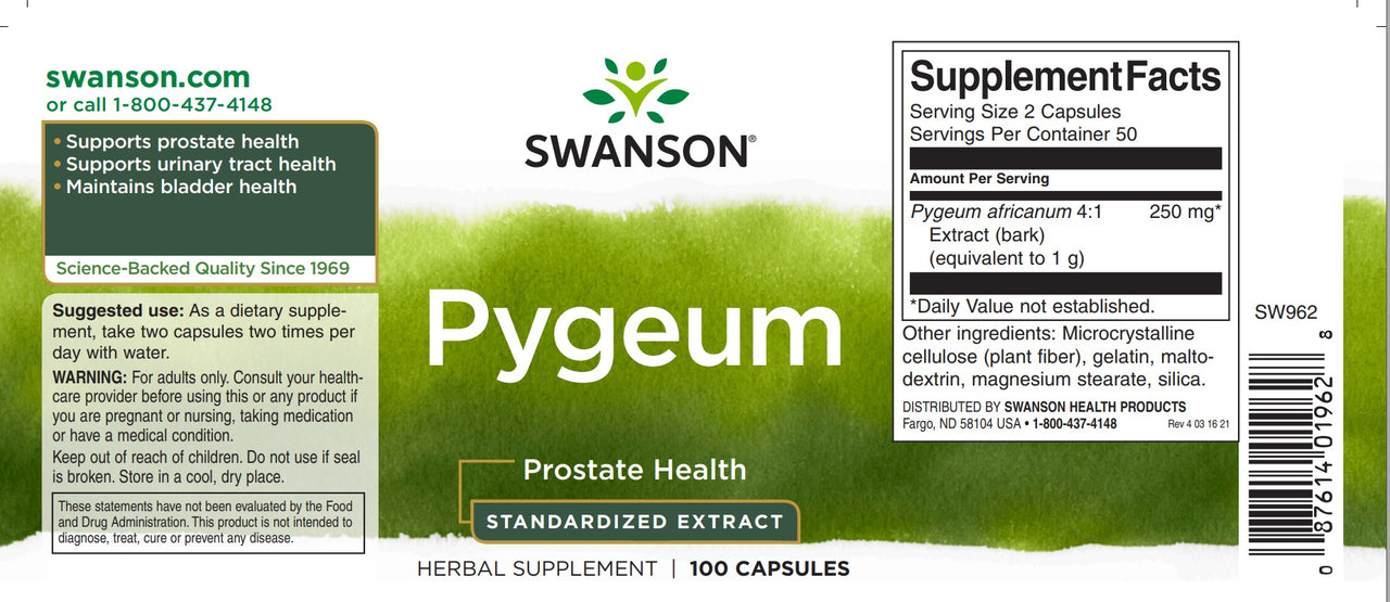 Une étiquette pour Swanson Pygeum - 500 mg 100 gélules, favorisant la santé de la prostate et des voies urinaires.