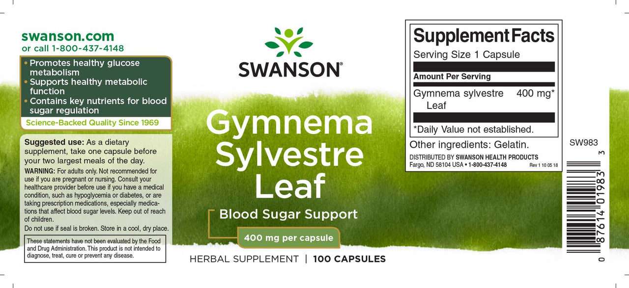 Swanson Gymnema Sylvestre Leaf - 400 mg 100 gélules supplément.