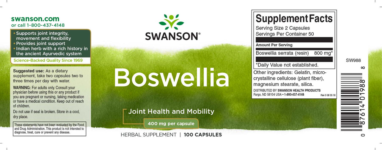 L'étiquette du complément alimentaire Boswellia - 400 mg 100 gélules de Swanson.