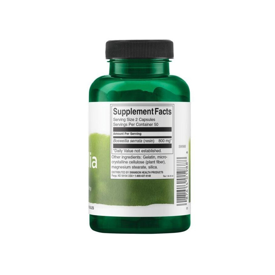 Flacon de complément alimentaire Swanson Boswellia - 400 mg 100 gélules sur fond blanc.