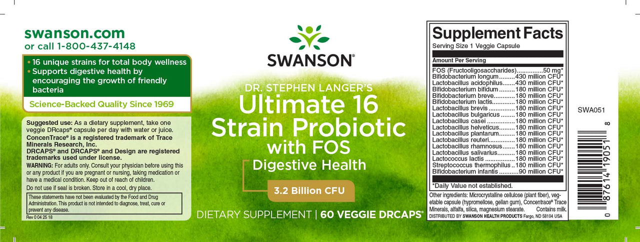 Swanson Stephen Langer Probiotique à 16 souches avec FOS - 60 gélules végétales.