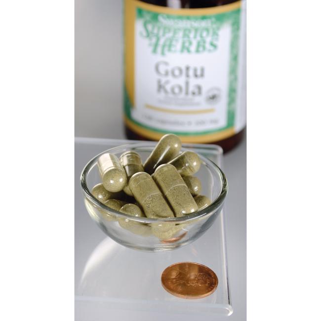 Un flacon de Swanson Gotu Kola Extract - 100 mg 120 gélules est posé à côté d'un bol.