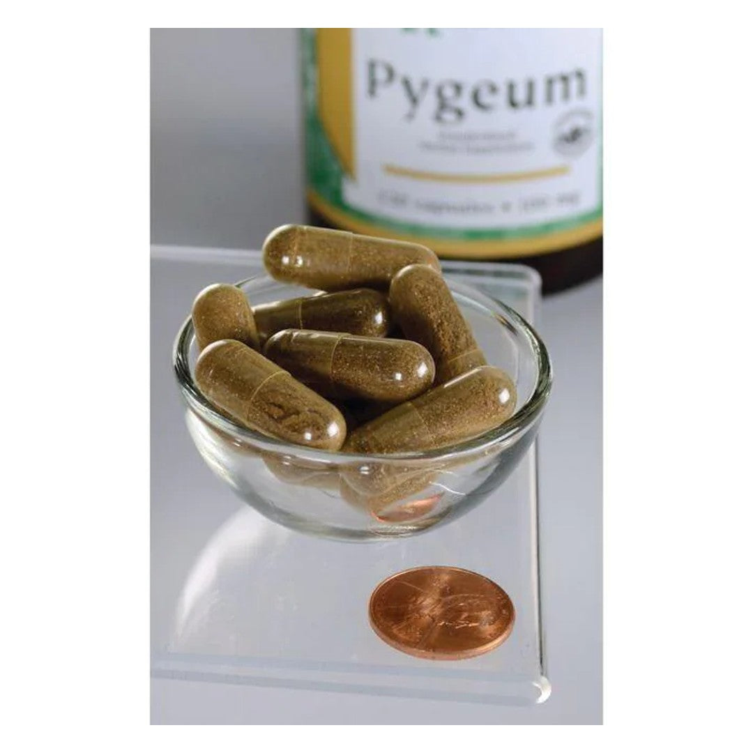 Swanson Écorce et extrait de pygeum - 120 gélules dans un bol à côté d'un penny, favorisant la santé de la prostate.