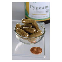 Vignette pour Swanson Pygeum Bark and Extract - 120 gélules dans un bol à côté d'un penny, favorisant la santé de la prostate.