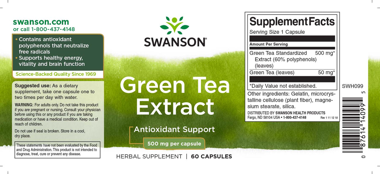 Swanson Extrait de thé vert - 500 mg 60 gélules.