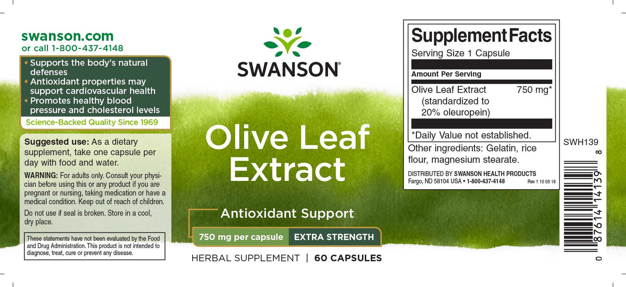 Swanson L'extrait de feuilles d'olivier - 750 mg 60 gélules offre des propriétés antioxydantes cruciales pour soutenir la santé cardiovasculaire et renforcer les défenses immunitaires.