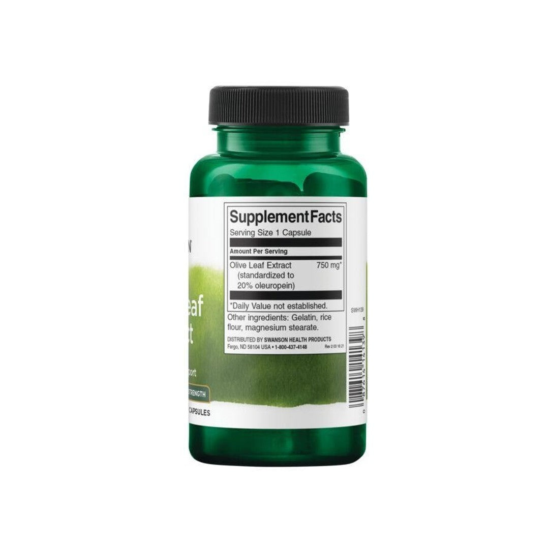 Un flacon d'extrait de feuilles d'olivier - 750 mg 60 gélules aux propriétés antioxydantes, de la marque Swanson.