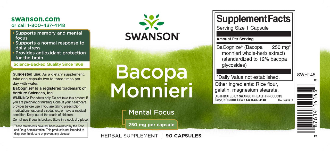 Swanson Bacopa Monnieri - 250 mg 90 gélules complément alimentaire.