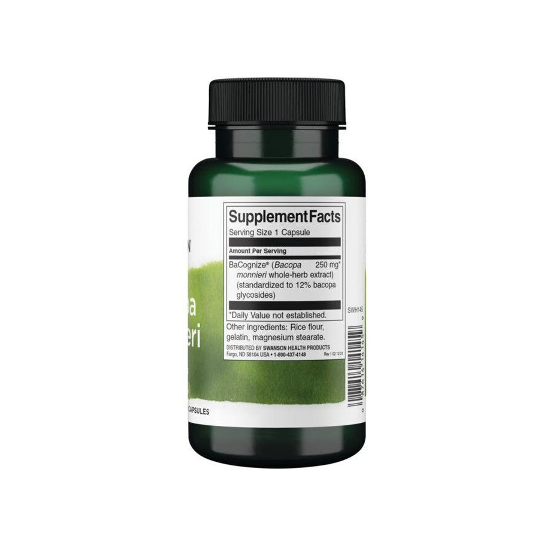Un flacon de 250 mg de gélules de Bacopa Monnieri, un complément alimentaire à base d'extrait de thé vert.
