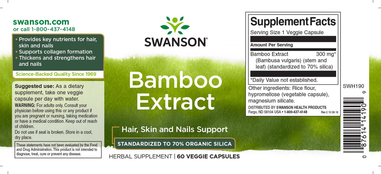 Etiquette du complément alimentaire Swanson Extrait de Bambou - 300 mg 60 gélules végétales.
