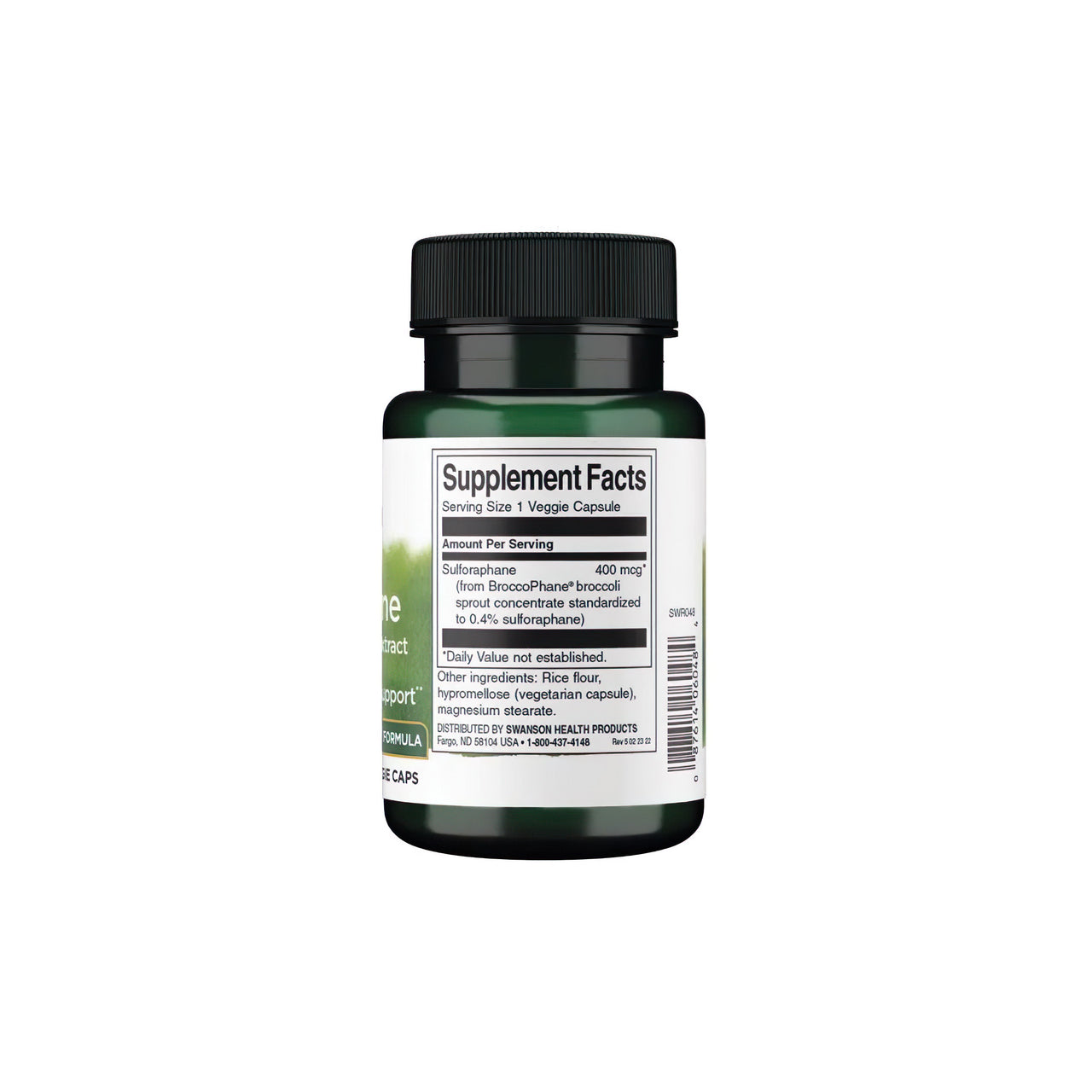 A bottle of Swanson health supplements containing Sulforaphane from Broccoli Sprout Extract, detailing the supplement facts and ingredients on the label.