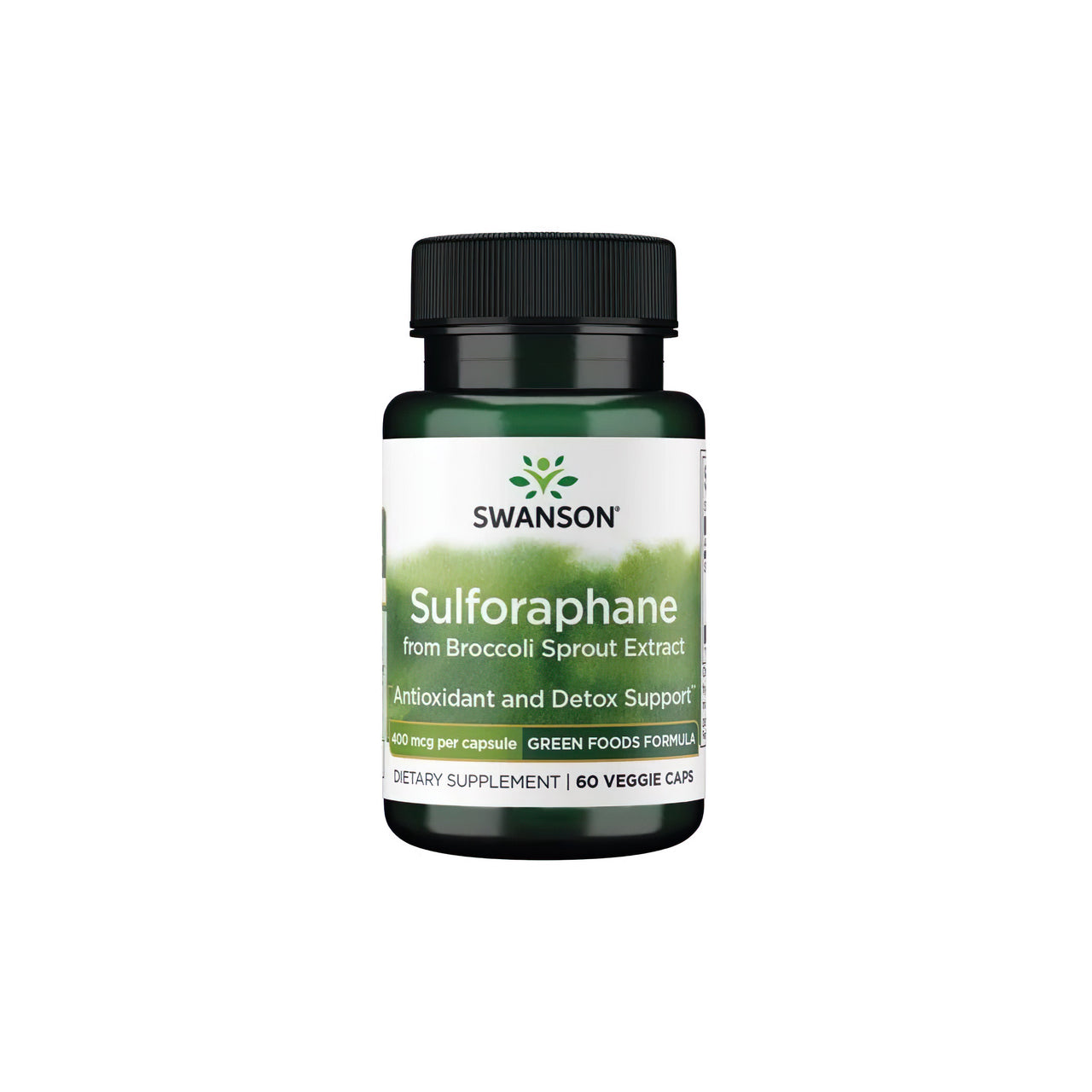 Bottle of Swanson Sulforaphane from Broccoli Sprout Extract 400 mcg 60 Veggie Capsules.