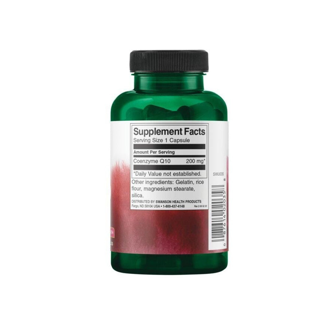 Une bouteille de Swanson Coenzyme Q1O - 200 mg 90 gélules avec une étiquette rouge.