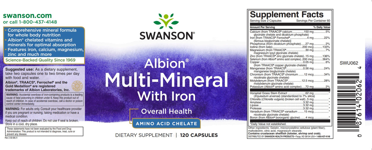 Swinson Multi Mineral With Iron - 120 capsules Albion Chelated est un complément qui contient des vitamines et minéraux chélatés par Albion, y compris des chélates d'acides aminés.