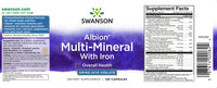 Vignette pour Swinson Multi Mineral With Iron - 120 capsules Albion Chelated est un complément qui contient des vitamines et minéraux chélatés Albion, y compris des chélates d'acides aminés.