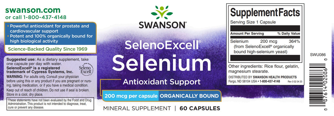 SwansonLe flacon de complément de sélénium SelenoExcell est destiné aux soins cardiovasculaires.