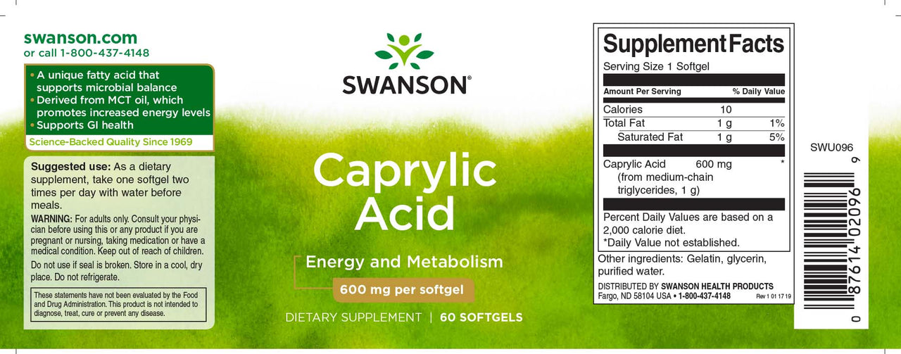 Une étiquette de complément alimentaire pour Swanson Caprylic Acid - 600 mg 60 softgel.
