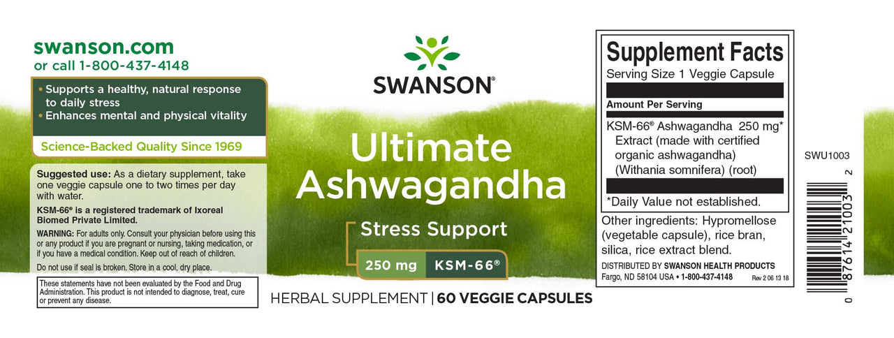 Swanson KSM-66 Ashwagandha - 250 mg 60 gélules végétales.