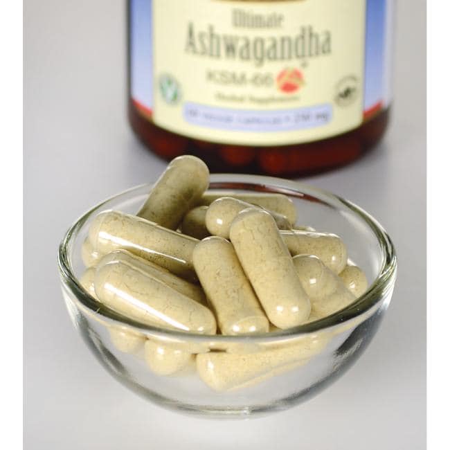 Swanson Ashwagandha - KSM-66 - 250 mg 60 gélules végétales dans un bol à côté d'une bouteille.