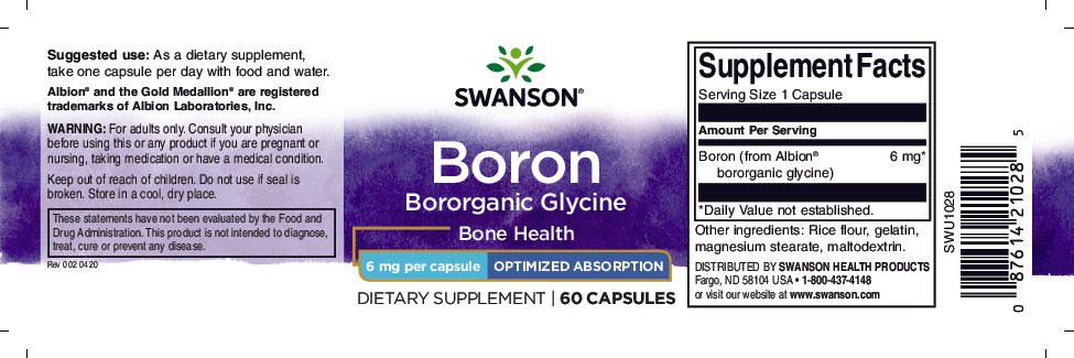 L'étiquette de Albion Boron Bororganic Glycine - 6 mg 60 gélules par Swanson.