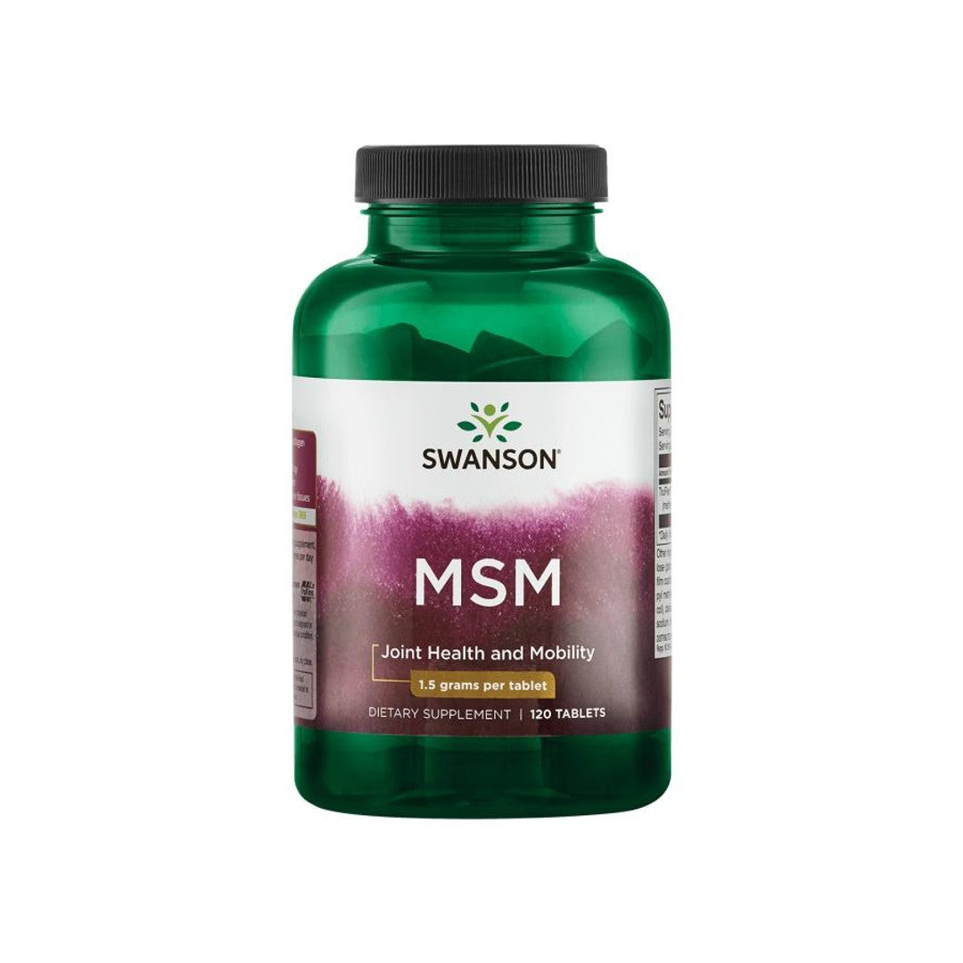 Sur fond blanc, un flacon de Swanson MSM - 1 500 mg 120 comprimés, connu pour ses bienfaits sur les articulations et ses propriétés anti-inflammatoires.