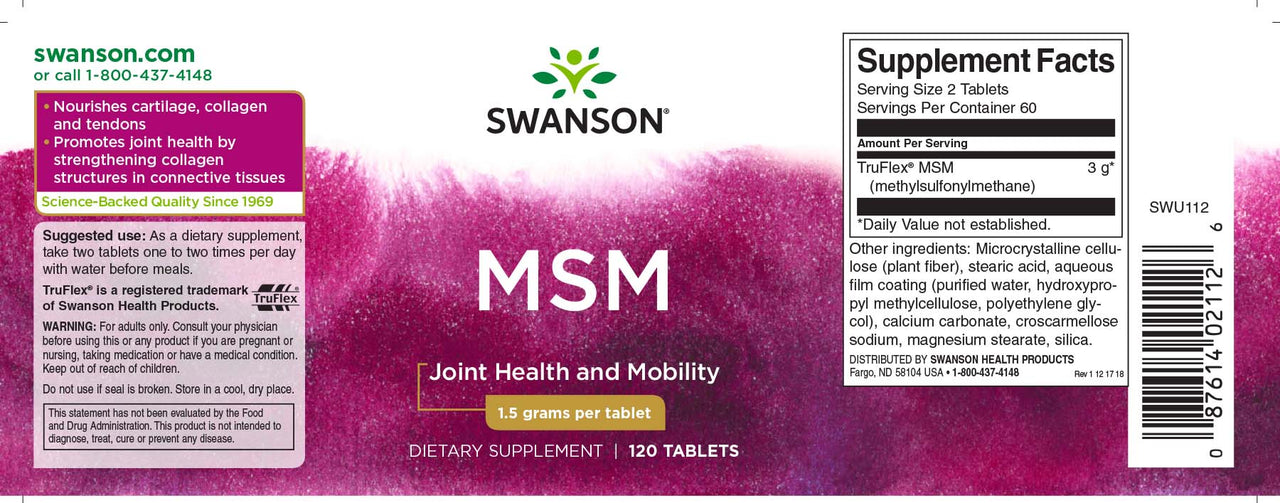 Un flacon de Swanson MSM - 1 500 mg 120 comprimés avec une étiquette violette, connu pour ses bienfaits sur la santé des articulations et ses propriétés anti-inflammatoires.