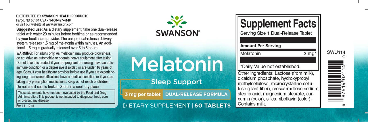 Un flacon de Swanson Melatonin - 3 mg 60 tabs Dual-Release pour favoriser le sommeil.