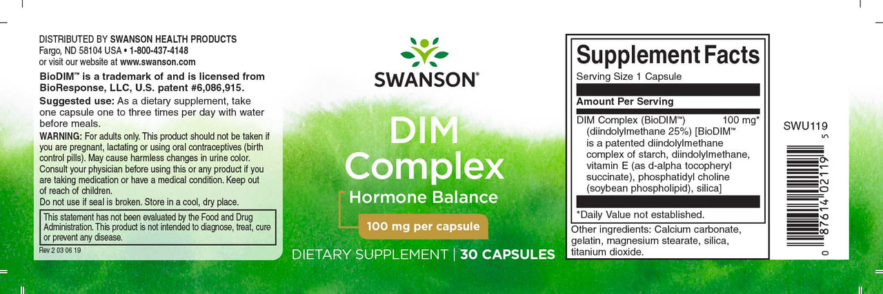 L'étiquette de Swanson's DIM Complex - 100 mg 30 gélules.