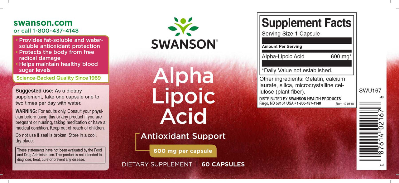Swanson Acide alpha-lipoïque - 600 mg 60 gélules supplément.