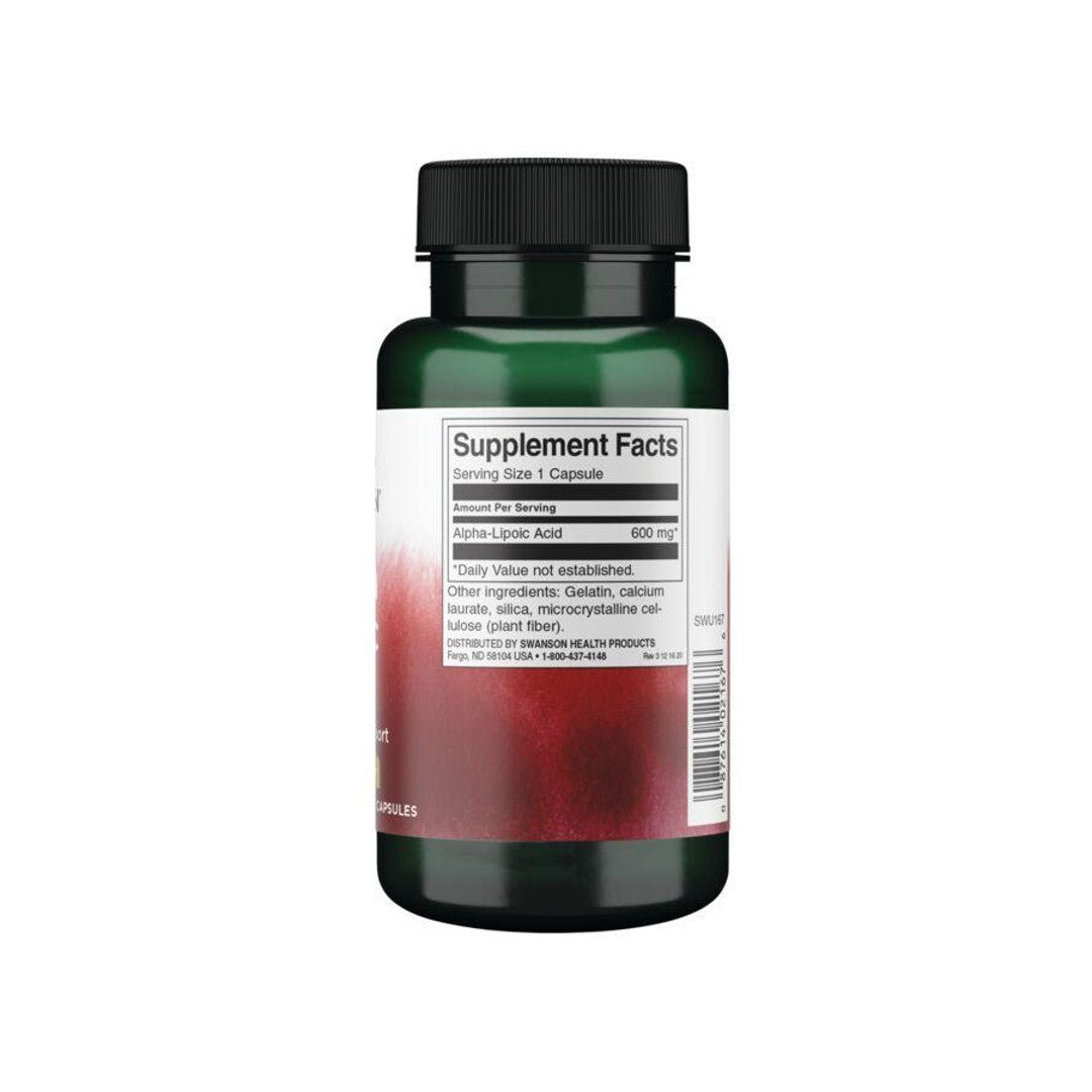 Une bouteille de Swanson Alpha Lipoic Acid - 600 mg 60 gélules avec une étiquette rouge.