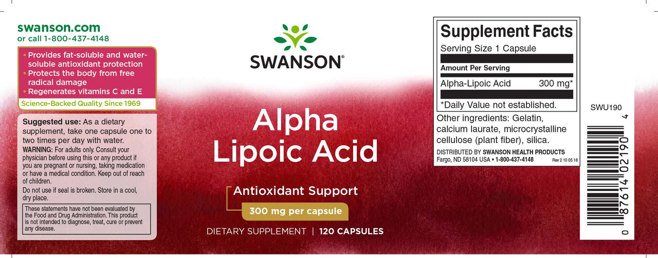 Une bouteille de Swanson Alpha Lipoic Acid - 300 mg 120 gélules.