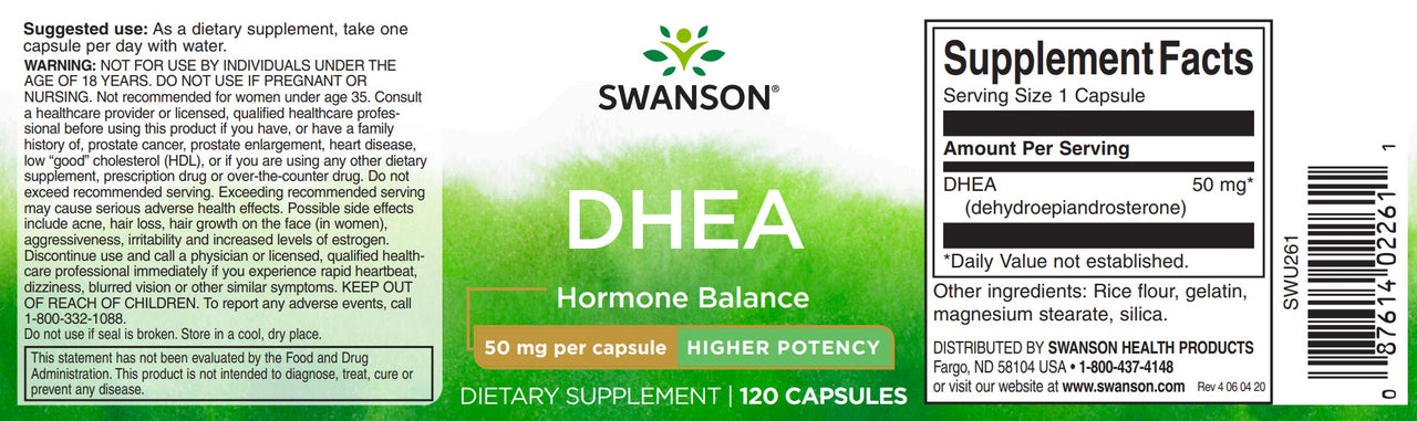 Une étiquette pour Swanson DHEA - 50 mg 120 gélules.