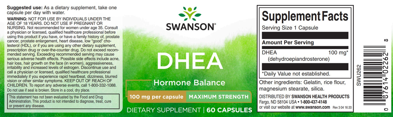 Une étiquette pour Swanson DHEA - 100 mg 60 gélules.