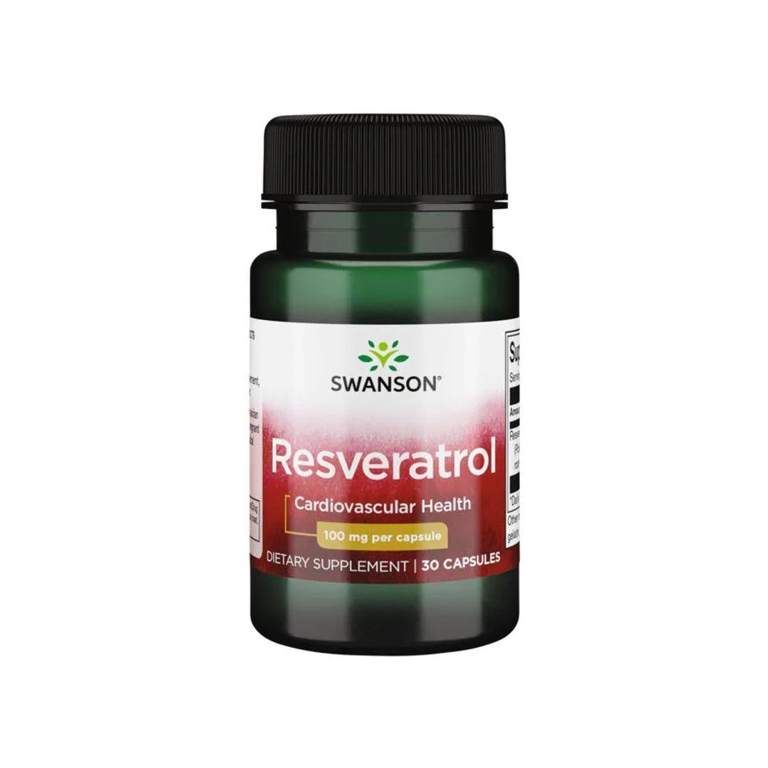 Une bouteille de Swanson Resveratrol - 100 mg 30 gélules, offrant une protection antioxydante pour la longévité cellulaire et le bien-être cardiovasculaire.