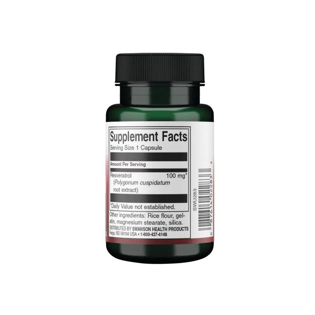 Un flacon de Resveratrol - 100 mg 30 gélules de Swanson sur fond blanc, offrant une protection antioxydante pour la longévité cellulaire et le bien-être cardiovasculaire.