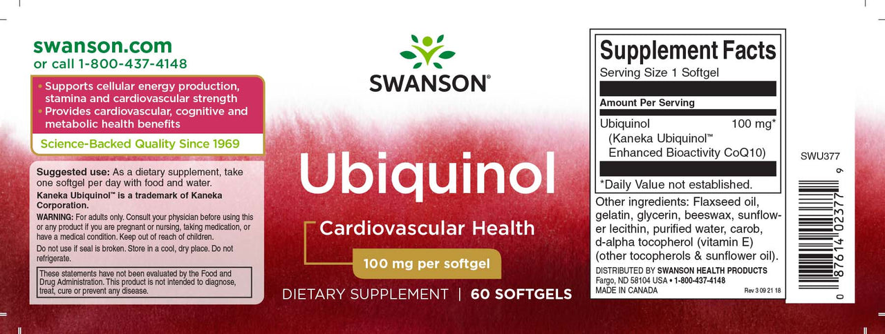Bottle of Swanson Ubiquinol 100 mg 60 Softgels, a CoQ10 dietary supplement, with supplement facts and branding information designed to support cardiovascular health.