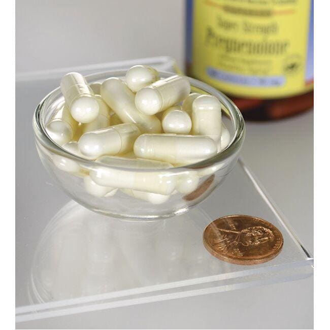 Un bol de Swanson pregnenolone - 50 mg 60 gélules à côté d'un penny, favorisant les fonctions cérébrales grâce à la prohormone pregnenolone.