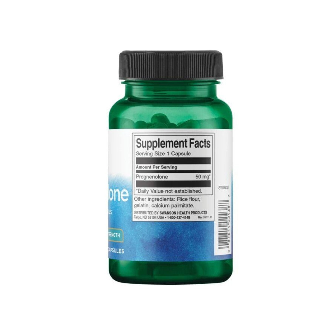 Un flacon de Swanson Pregnenolone - 50 mg 60 gélules, une prohormone et un précurseur hormonal, sur fond blanc.