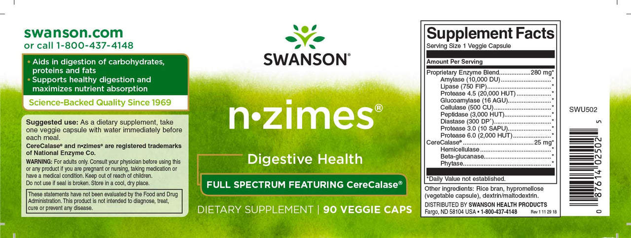 Swanson N-Zimes - 90 gélules végé étiquette supplément digestif.