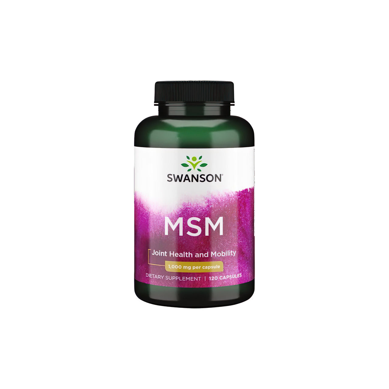 Une bouteille de Swanson MSM 1000 mg 120 gélules, spécifiquement formulée pour la santé des articulations et des tissus conjonctifs, présentée sur un fond blanc net.