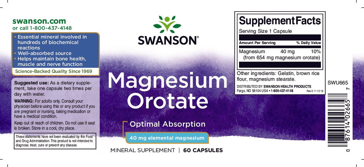 Swanson Orotate de magnésium - 40 mg 60 gélules.