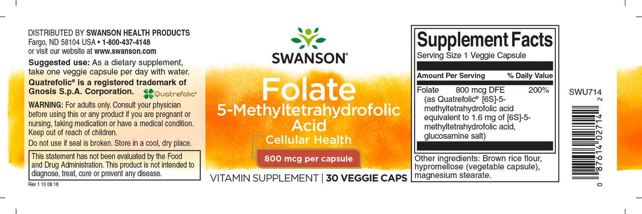 Swanson Folate 5-MTHF - 800 mcg 30 gélules - acide hyaluronique.