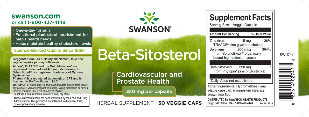 Swanson Beta-Sitosterol - 320 mg 30 gélules végétales étiquette du complément alimentaire.