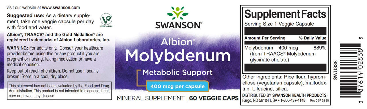 SwansonMolybdène chélaté - 400 mcg 60 gélules, favorisant le métabolisme et l'absorption.