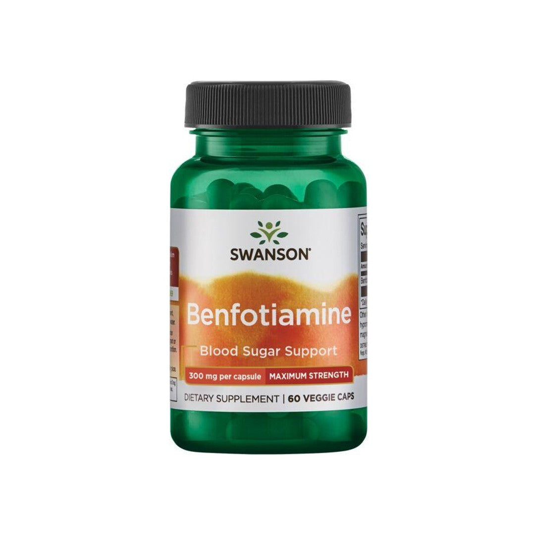 A bottle of Swanson Vitamin B-1 Benfotiamine dietary supplement for healthy glucose metabolism support, containing 60 veggie caps, each with 300 mg per capsule.