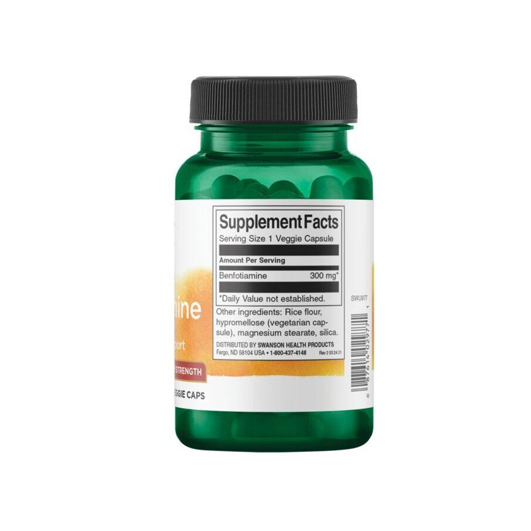 A bottle of Swanson Vitamin B-1 Benfotiamine 300 mg 60 Veggie Capsules with a label showing serving size and ingredient information, including Benfotiamine for supporting healthy glucose metabolism and maintaining blood sugar levels.